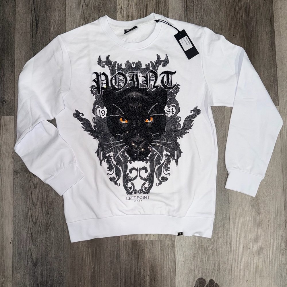 Left Point White Rhinestone Panther Crewneck Sweatshirt 2XL